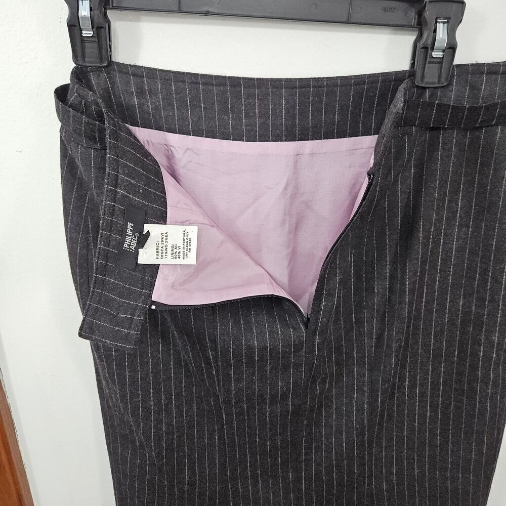 Philippe Adec Wool Midi Grey Striped Pencil Skirt Attached Belt Size 4 Small - Picture 4 of 6